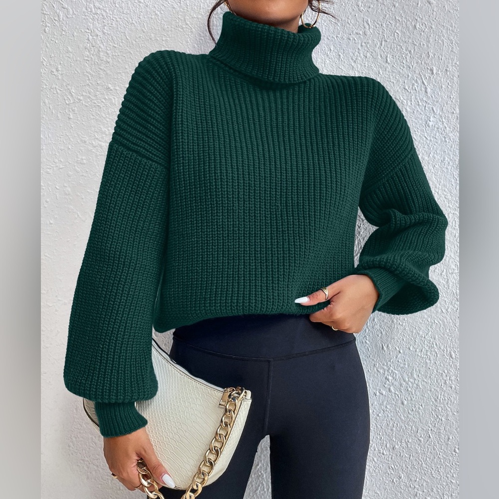 Turtle neck pull over rib knit long sleeve sweater blue - Picture 10 of 15